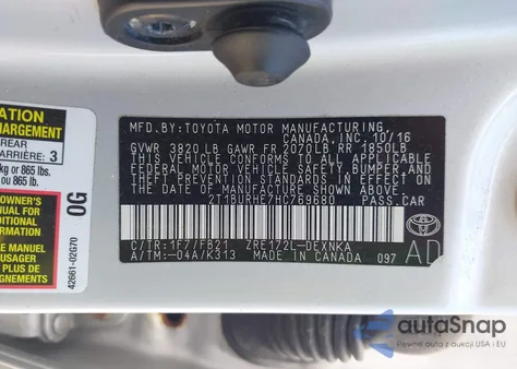 2017 Toyota Corolla Le z USA, uszkodzony, nr VIN 2T1BURHE7HC769680